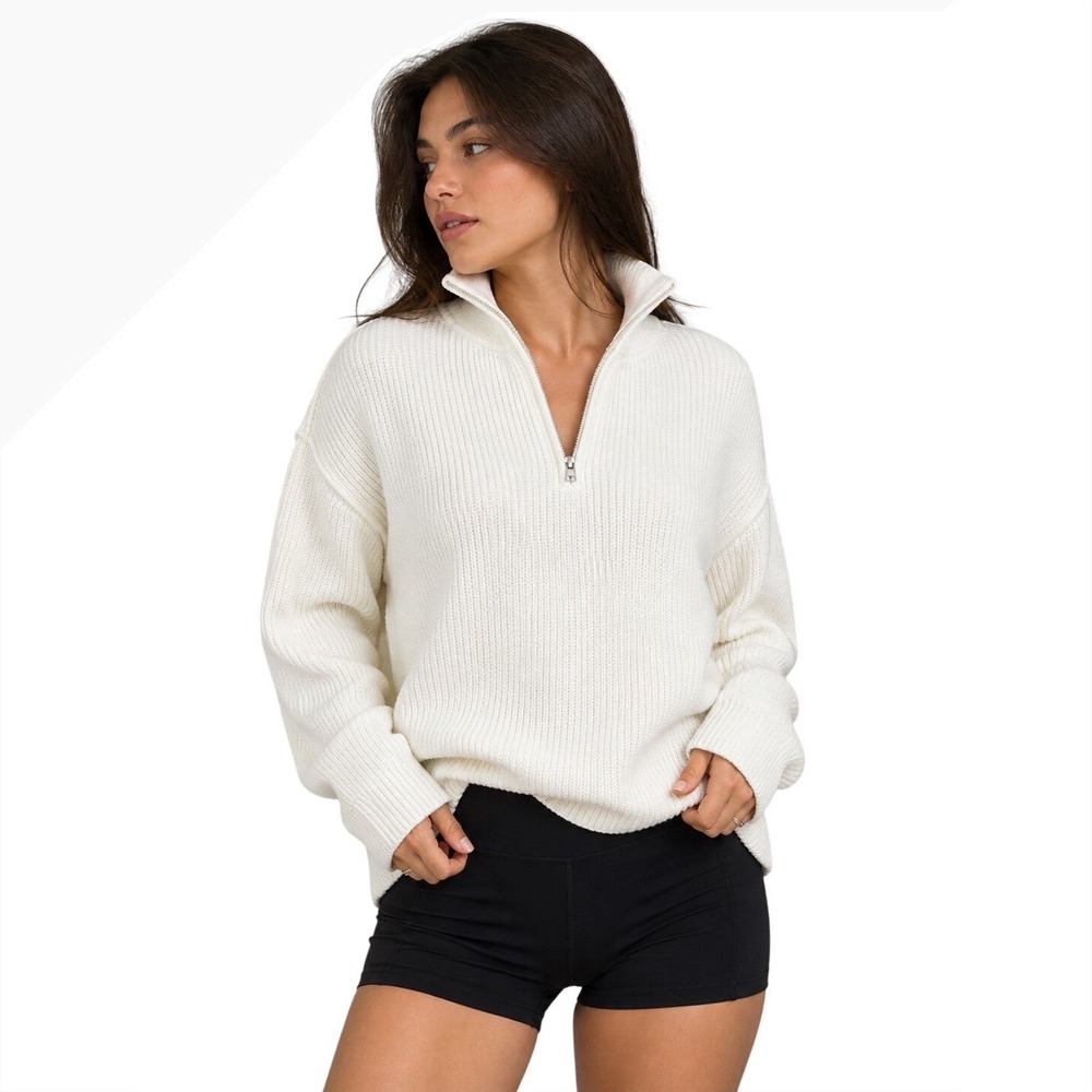 Aerie Cream Half Zip Sweater XS Like M/L Ribbed Knit Cozy Pullover NWOT